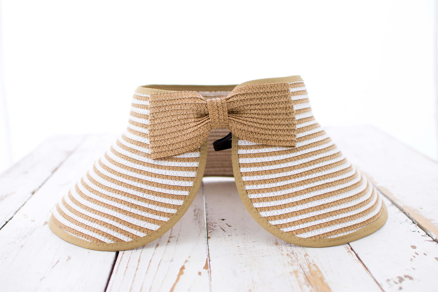 100% Breathable Straw Foldable Bow Stripe Adjustable Velcro Sun Visor | One Size