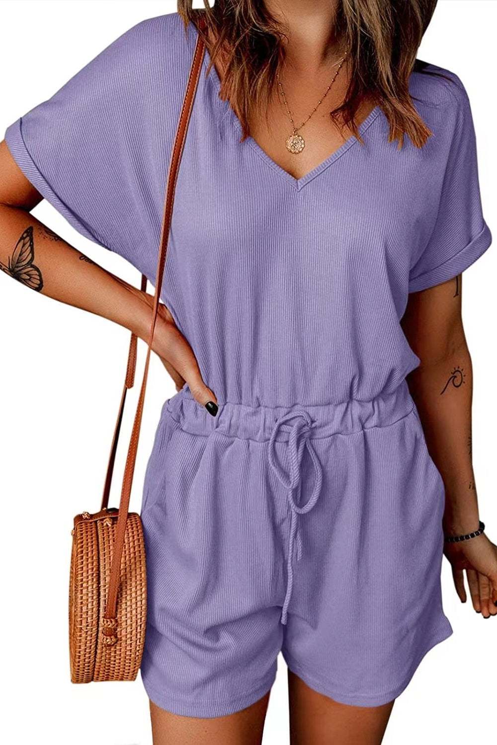 Blueberi B Women's Full Size Drawstring V-Neck Short Sleeve Romper Polyester Spandex Size S-3XL