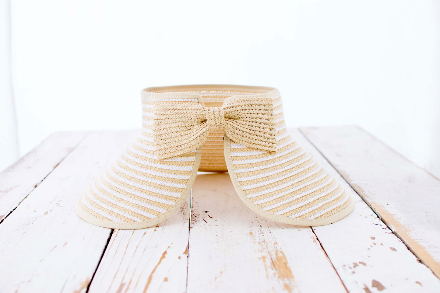 100% Breathable Straw Foldable Bow Stripe Adjustable Velcro Sun Visor | One Size
