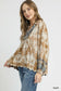 Umgee women's taupe floral long sleeve boho blouse with scalloped hem side view
