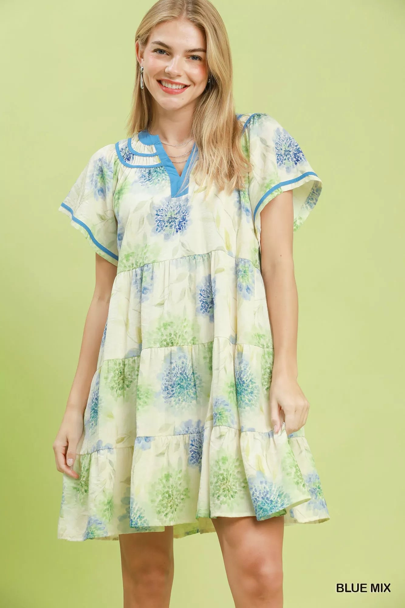 umgee blue and white dress Floral Print Contrast Trim Flutter Sleeve Tiered Babydoll this charming dress highlights Length:SHORT - 56