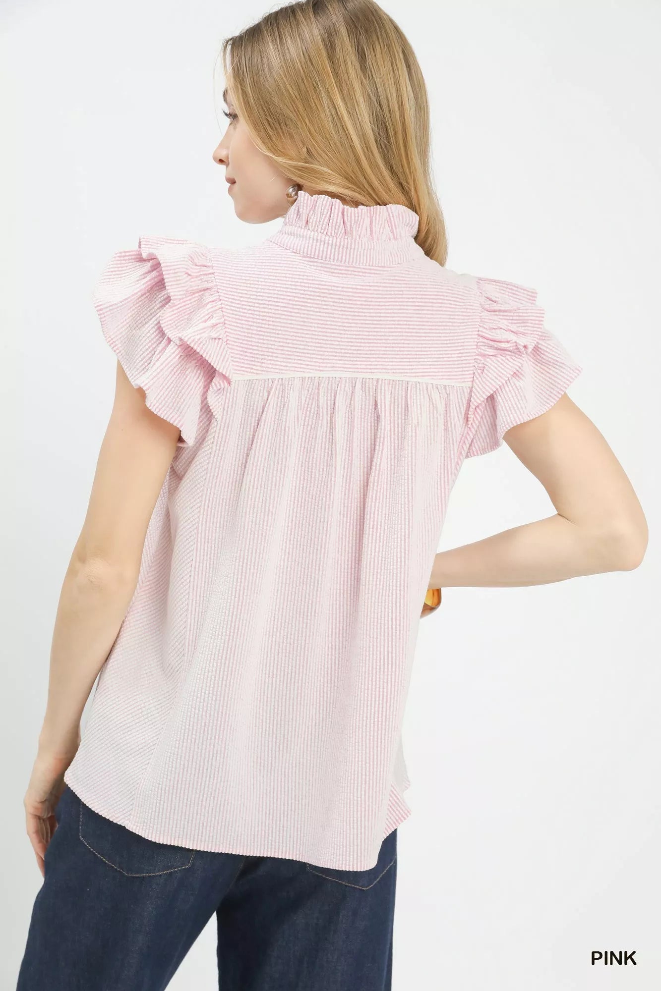 Blueberi Boutique Umgee pink ruffled sleeve textured blouse back view