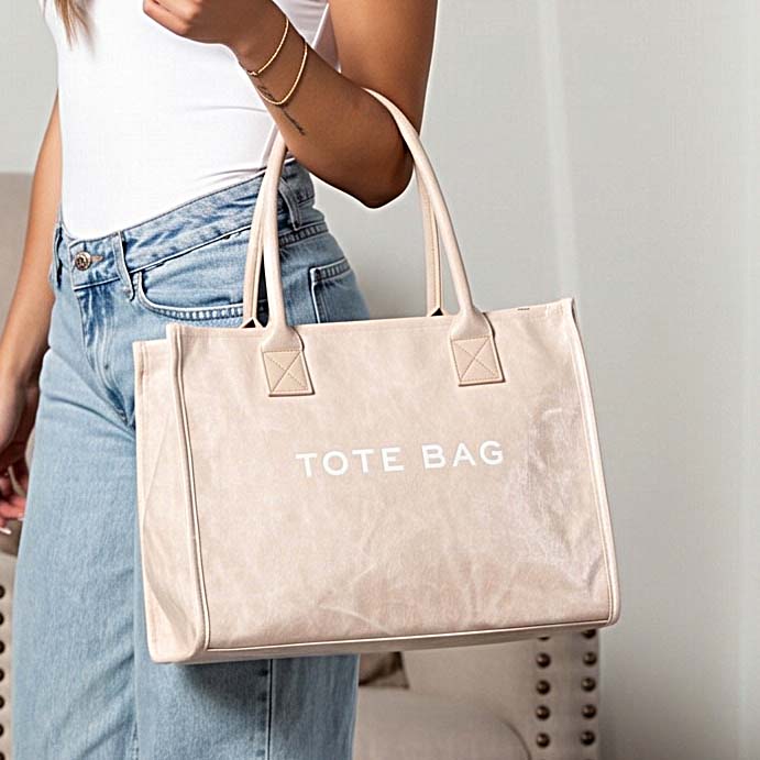 Kate Laminated City Tote | Vegan Leather & PVC, Canvas Handles | 14.5 x 5 x 11 in