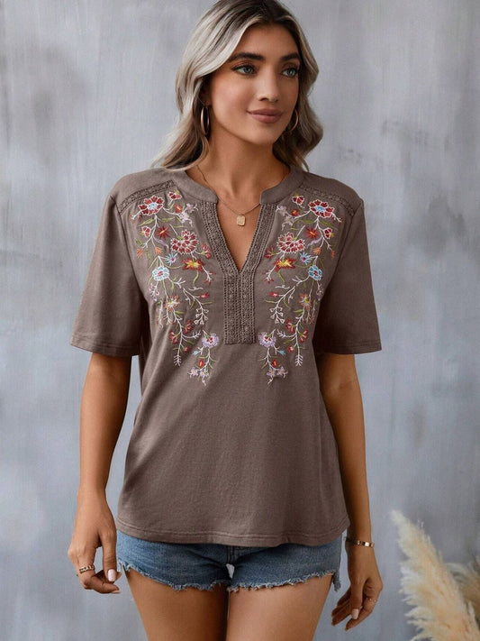 Blueberi B Women's Embroidered Notched Short Sleeve T-Shirt Polyester Elastane Size S-2XL