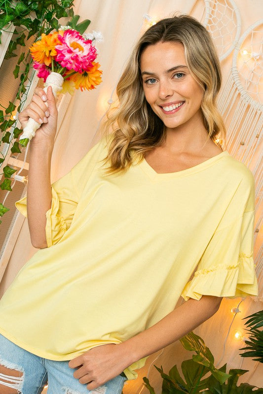 Plus Size Solid Pullover Boxy Ruffled Bell Short Sleeve Top