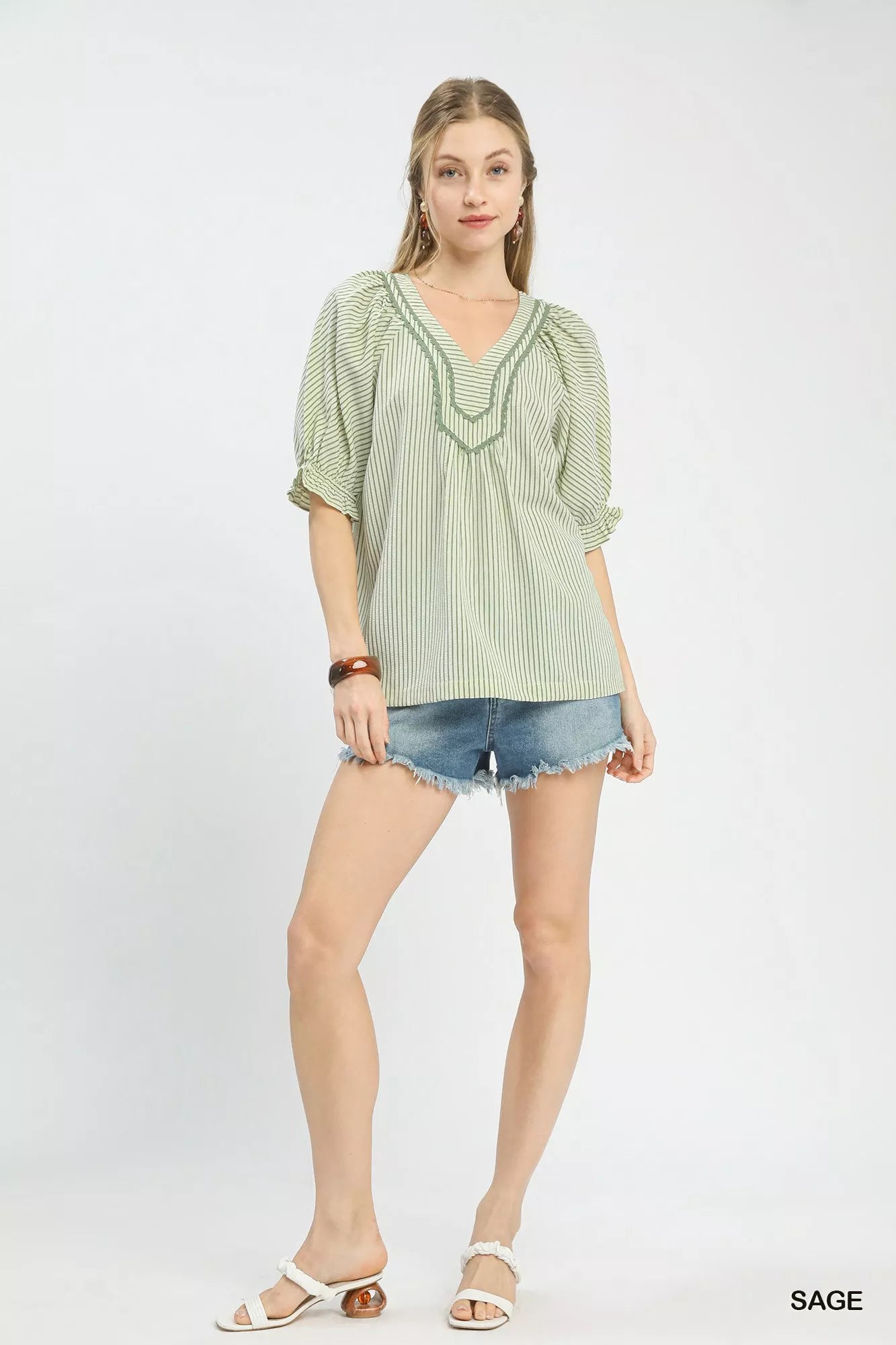 Sage stripe v-neck blouse with ruffled sleeves at Blueberi Boutique