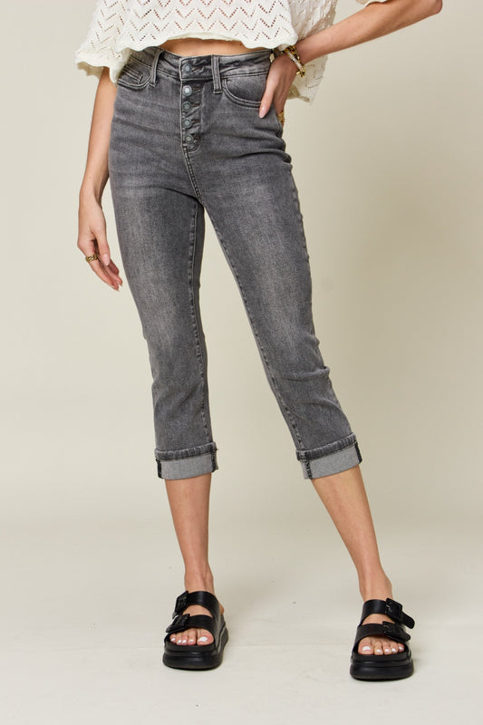 Judy Blue Women’s Full Size Button Fly High Waist Cuffed Capris Cotton Polyester Spandex Size S-24W