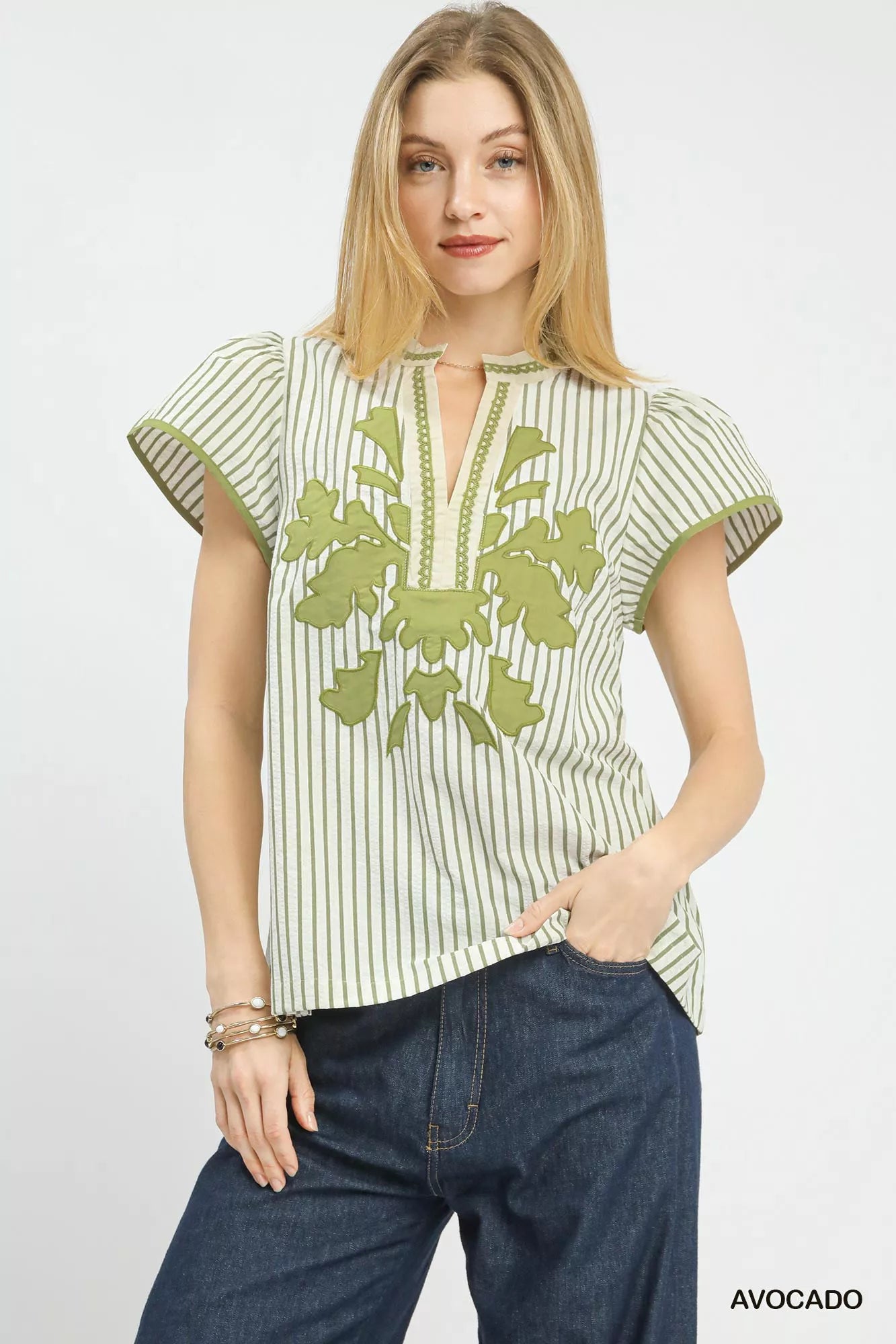 Blueberi Boutique Umgee v-neck stripe top lace trim avocado color striped short sleeves
