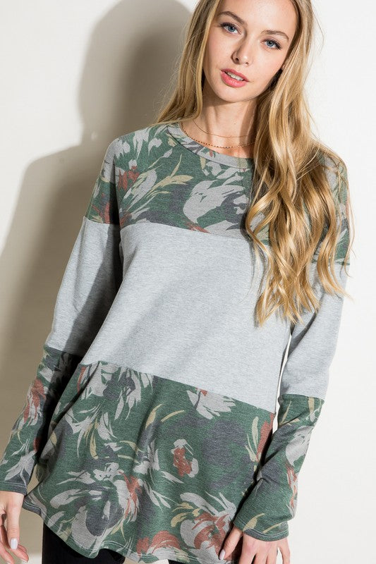 Floral Mixed Terry Long Sleeve Tunic Top
