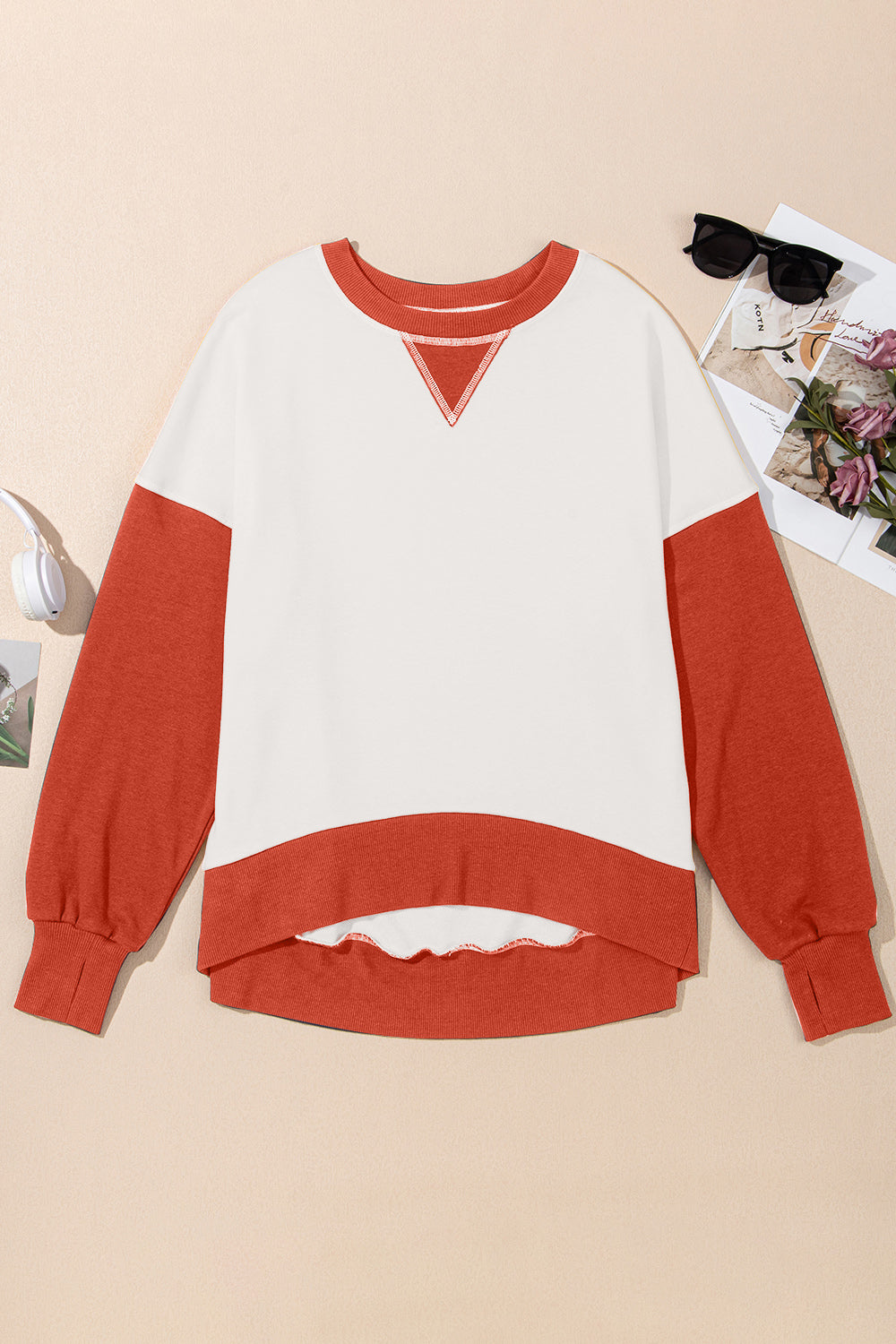 Blueberi B Women's Contrast Round Neck Long Sleeve Sweatshirt Polyester Cotton Size S-2XL