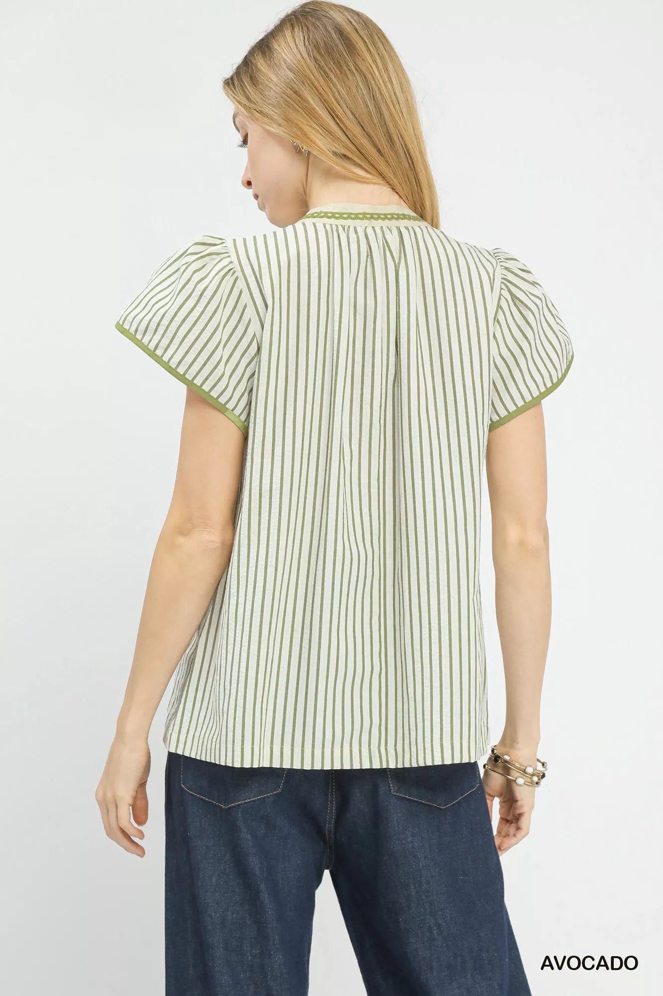 Umgee V-Neck Olive Stripe Top with lace trim, puff sleeves