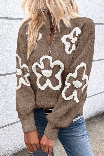 Blueberi B Women’s Flower Half Zip Dropped Shoulder Sweater Viscose Polyester Polyamide Size S-2XL