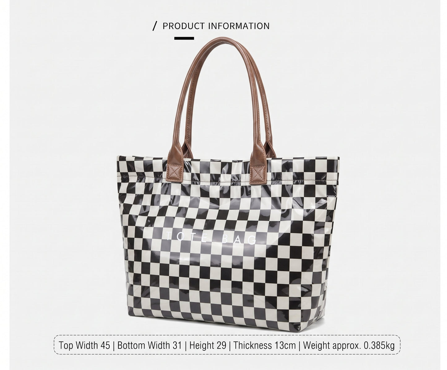 Brooklyn Checkered Tote | Canvas, Vegan Leather & PVC | 12.5 x 5 x 13.5 in; 17 in Top