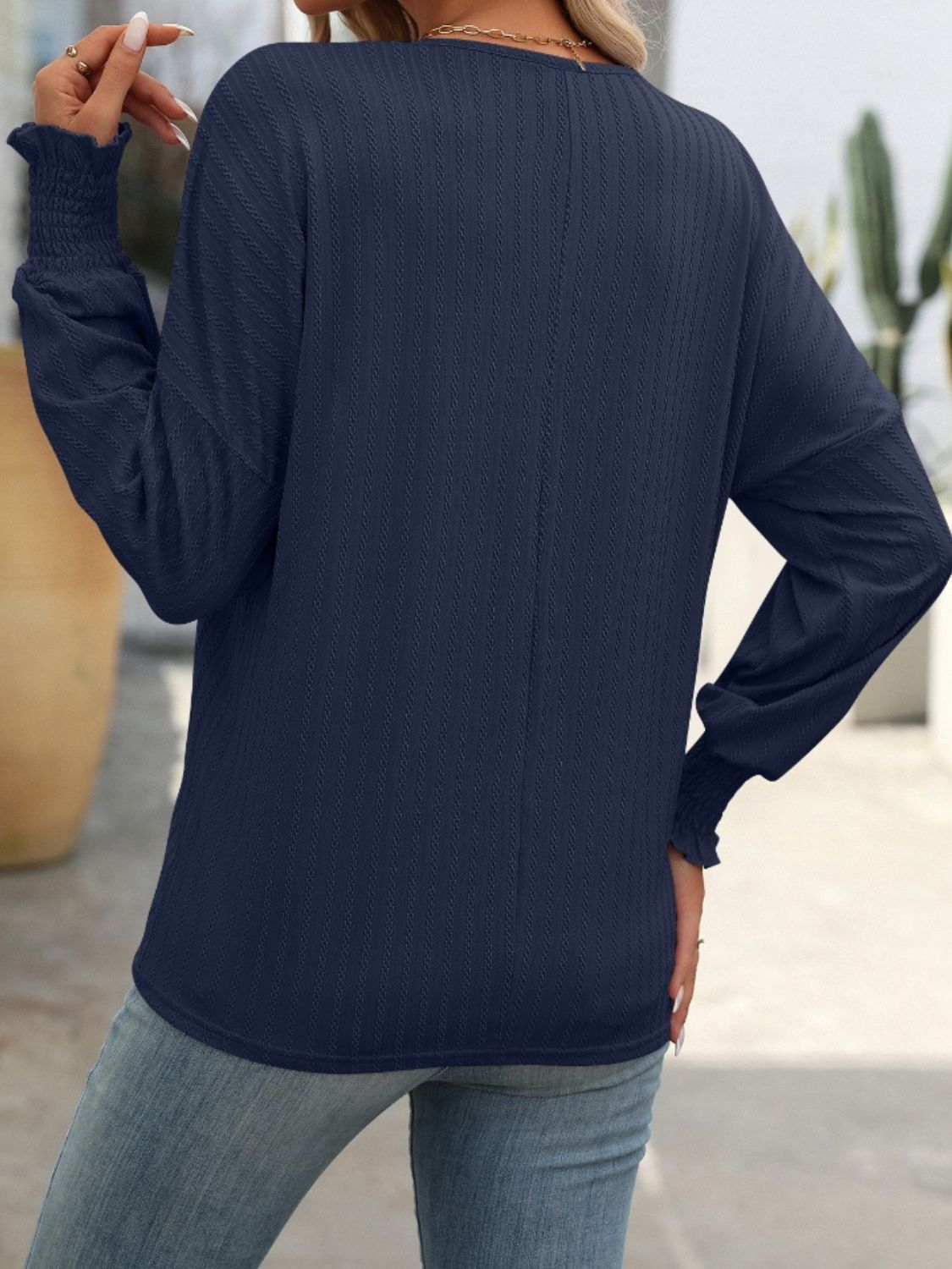 Blueberi B Women's Textured Notched Lantern Sleeve T-Shirt Polyester Spandex Size S-2XL