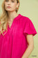 Fuchsia seersucker short sleeve top with lace trim detail, rayon/polyester blend