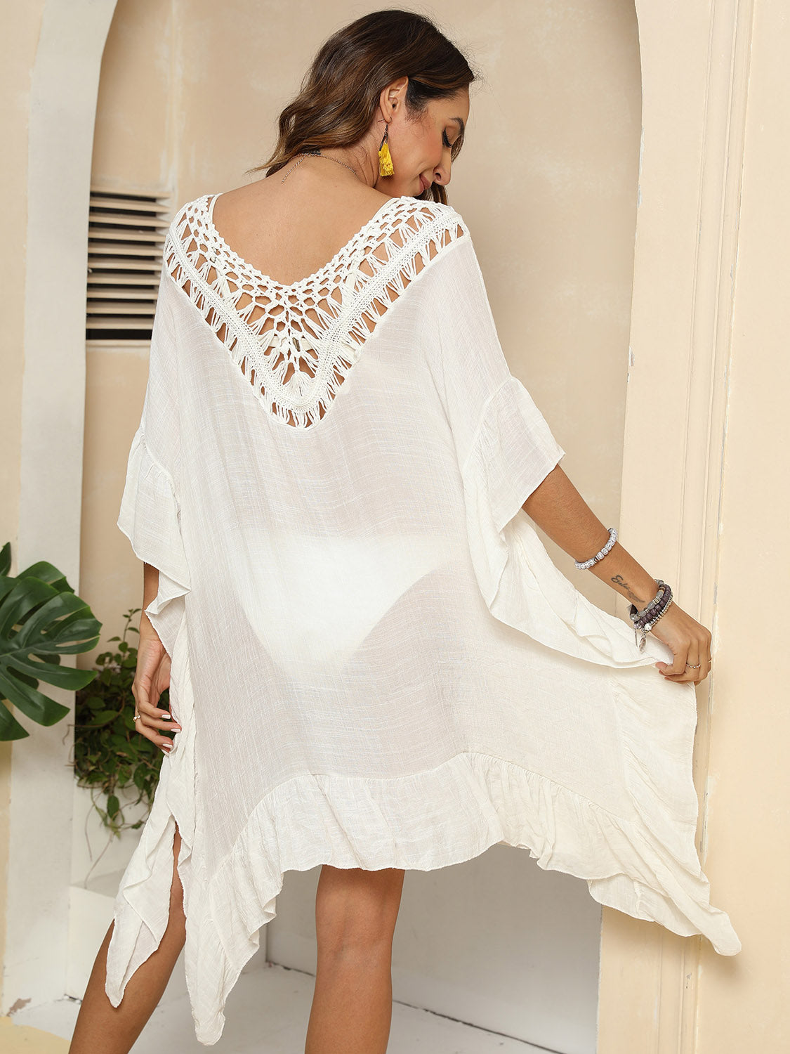 Blueberi B Women's Cutout Ruffled Half Sleeve Cover-Up Polyester One Size