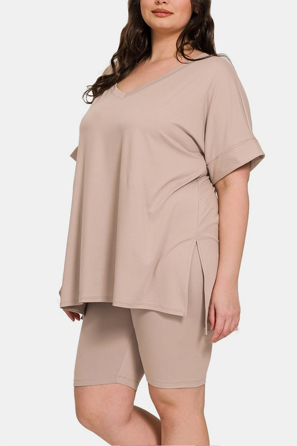 Zenana Women's Full Size V-Neck Short Sleeve Slit T-Shirt and Shorts Set Polyester Spandex Size S-3XL
