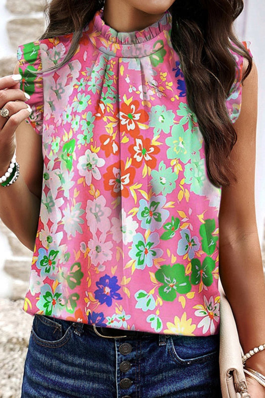 Ruffled Printed Mock Neck Cap Sleeve Blouse