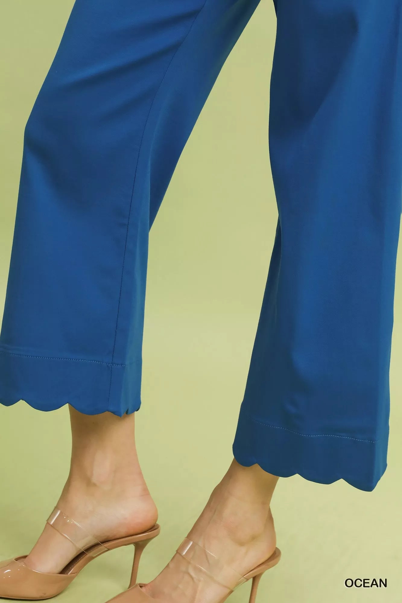 Umgee Scallop Hem Wide Leg Pants - ocean blue with scalloped hem, close-up bottom detail