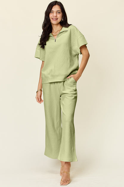 Double Take Women’s Full Size Texture Half Zip Short Sleeve Top and Pants Set Polyester Spandex Size S-3XL