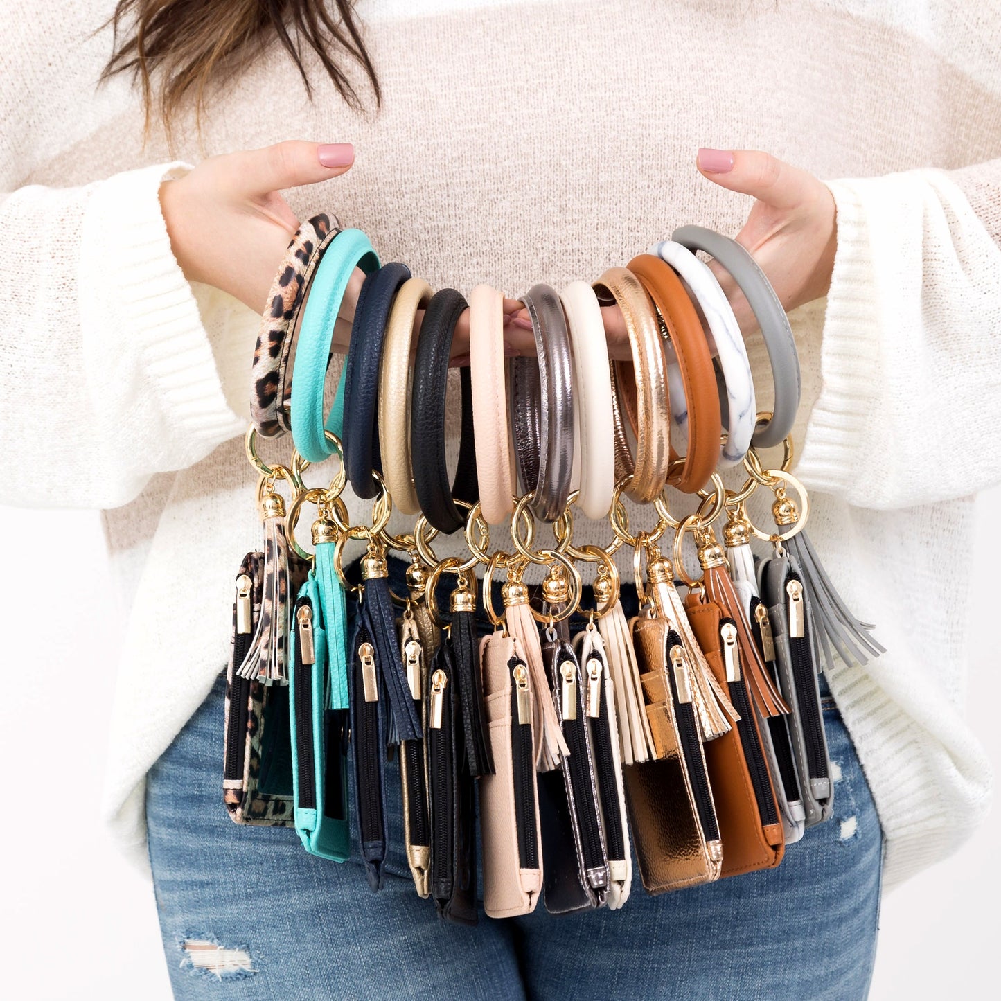 Gold Hardware Key Ring ID Wallet Zip Bracelet with Hidden Zipper Pocket & Tassel | 4" x 3"