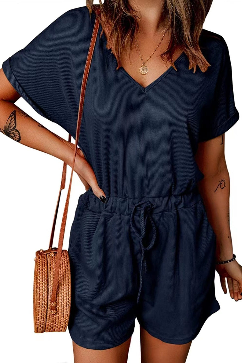 Blueberi B Women's Full Size Drawstring V-Neck Short Sleeve Romper Polyester Spandex Size S-3XL