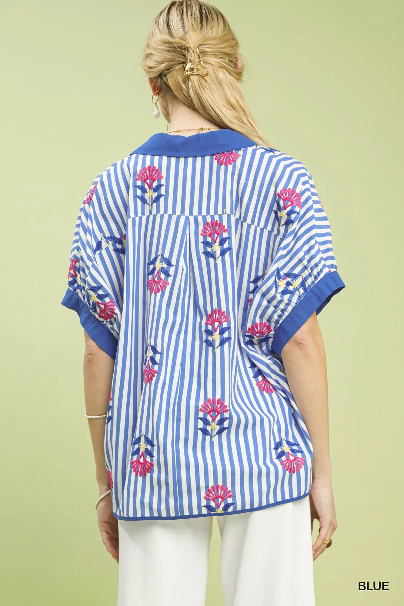 Umgee blue/white striped embroidered button-front boho blouse back view