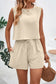Blueberi B Women's Round Neck Top and Drawstring Shorts Set Polyester Spandex Size S-XL