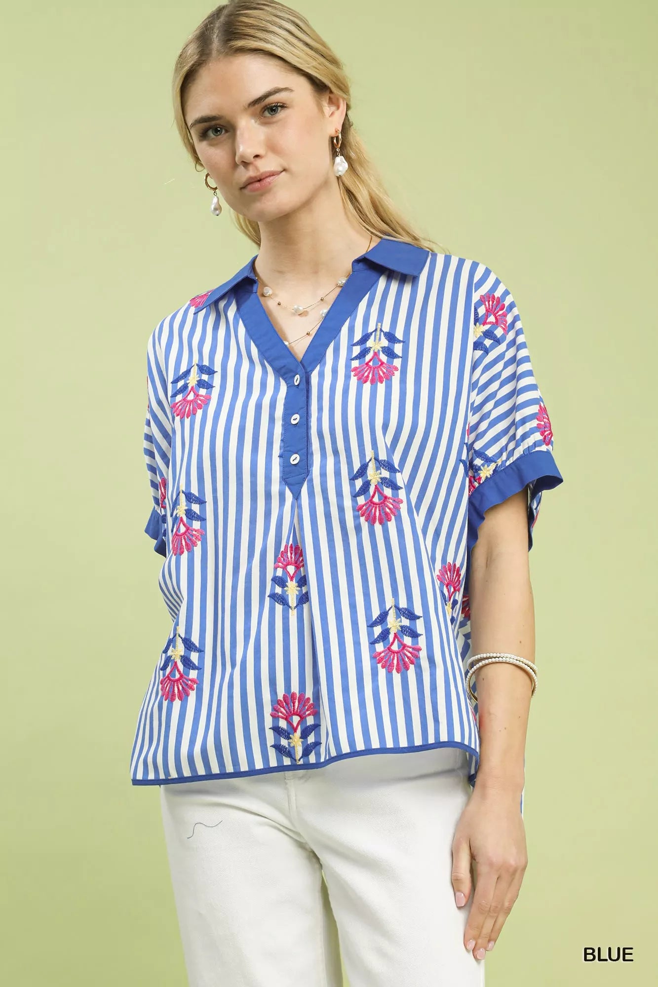 Umgee blue/white striped embroidered button-front boho blouse with pink floral details
