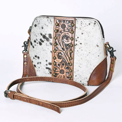 American Darling ADBG596 Speckled Cowhide & Hand-Tooled Leather Western Crossbody Bag | 7" x 9" x 3"