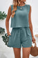 Blueberi B Women's Round Neck Top and Drawstring Shorts Set Polyester Spandex Size S-XL