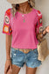 Blueberi B Women's Geometric Round Neck Short Sleeve Blouse Polyester Elastane Size S-XL