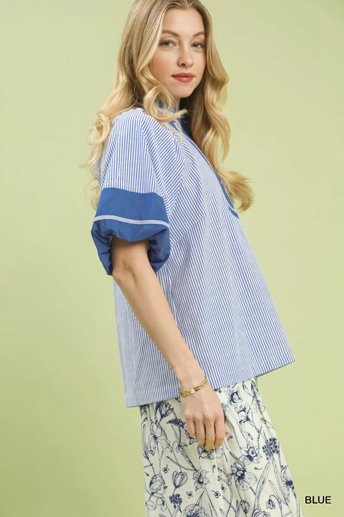 Blueberi Boutique Umgee blue striped mixed puff sleeve blouse side view