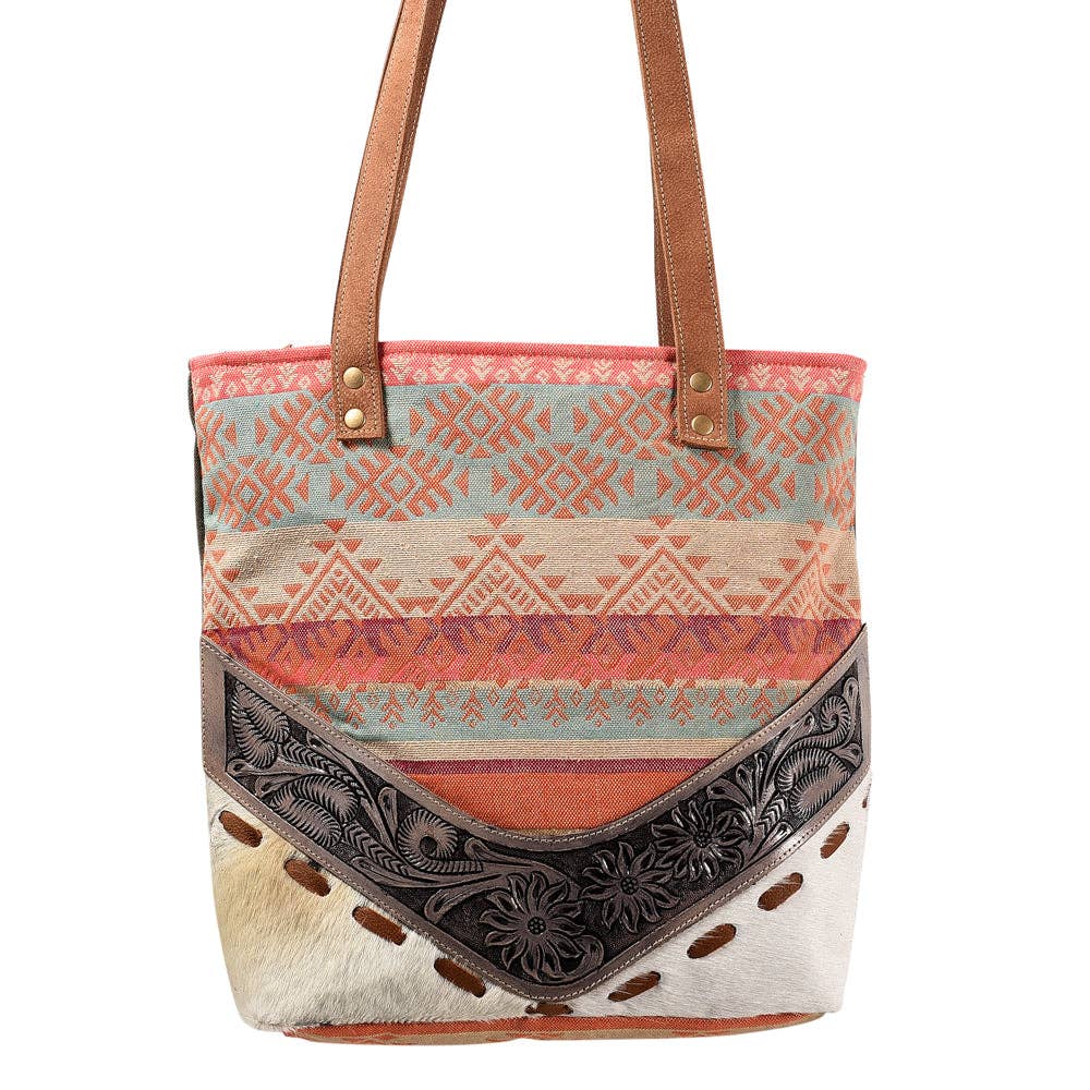American Darling Upcycled Canvas & Hand-Tooled Leather Western Tote Bag