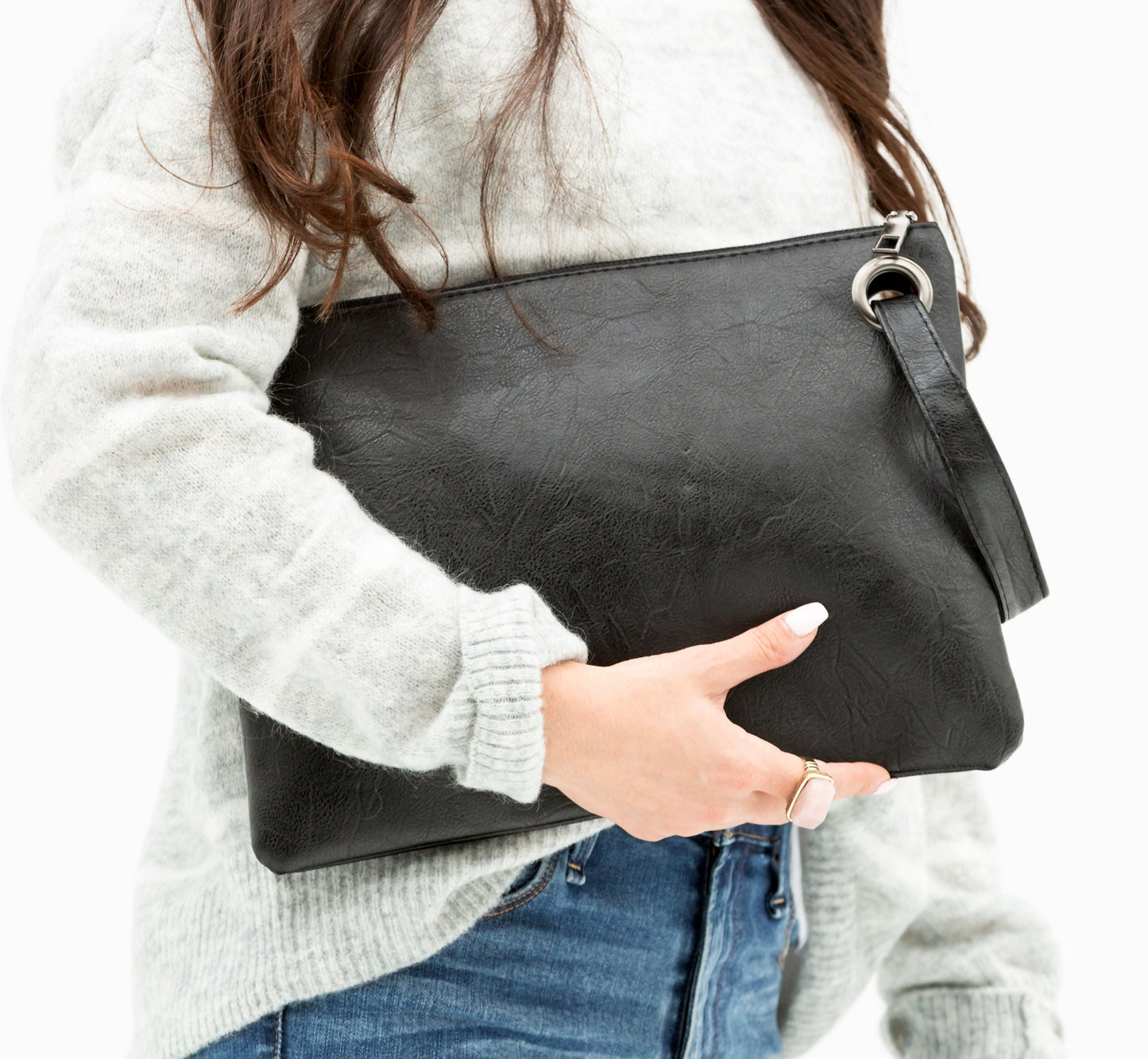Soft Vegan PU Leather 100% Polyester Lined Grommet Detail Oversized Wristlet Clutch | 12" x 8"