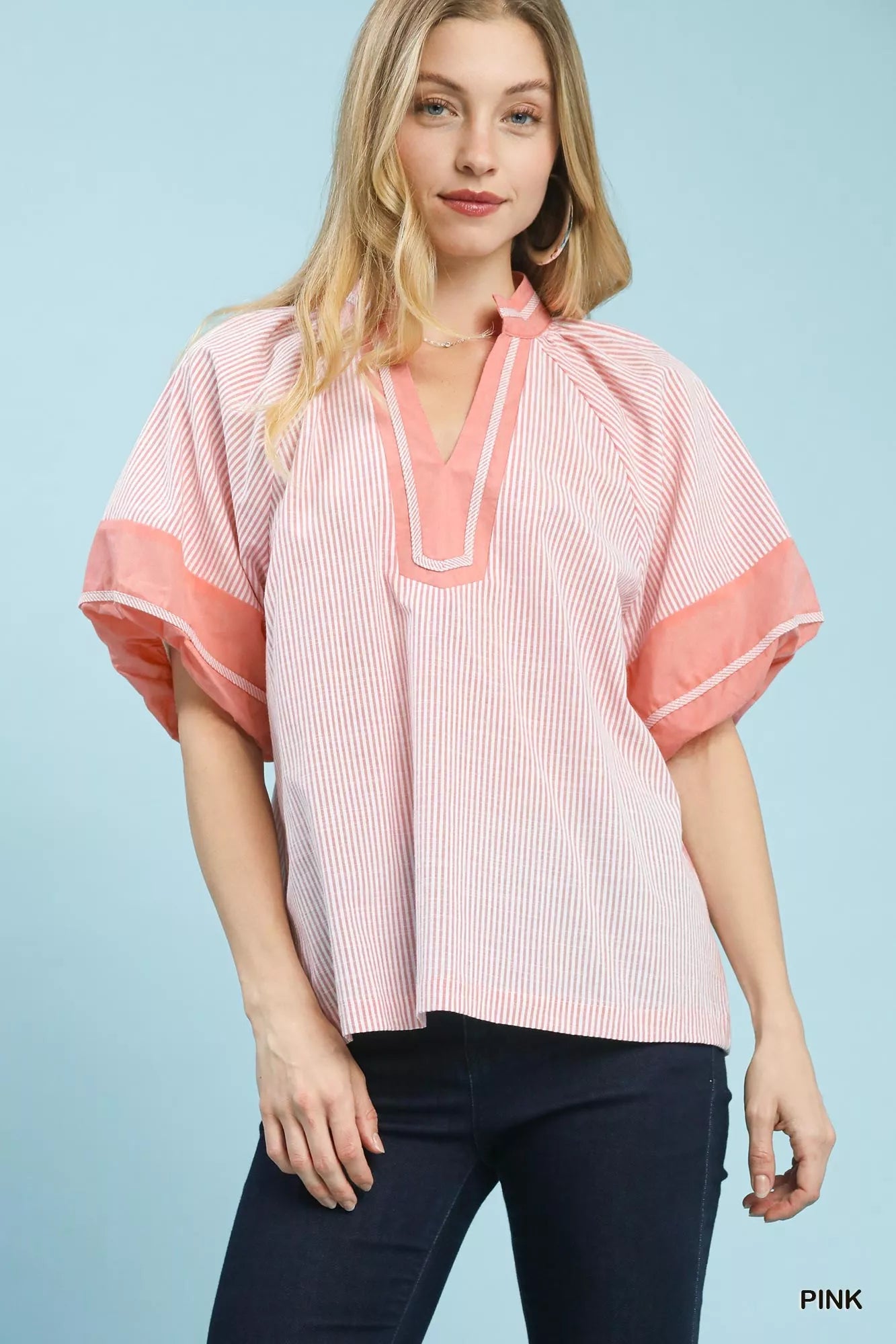Umgee pink striped mixed puff sleeve blouse with peach accents