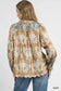 Umgee women's taupe floral long sleeve boho blouse with scalloped hem back view