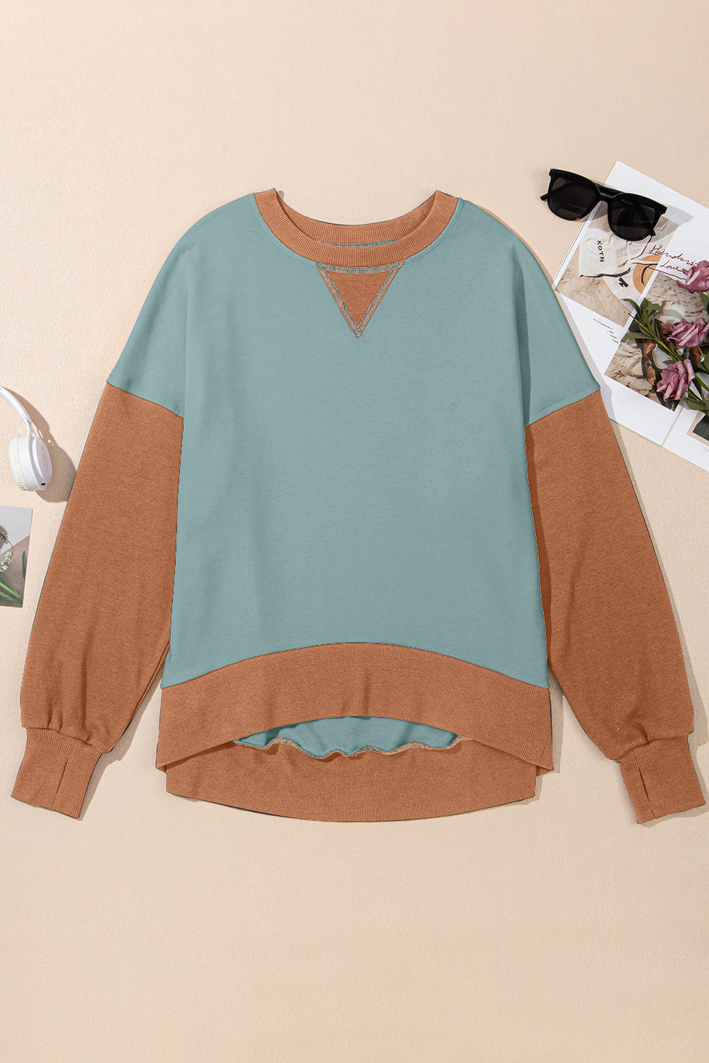 Blueberi B Women's Contrast Round Neck Long Sleeve Sweatshirt Polyester Cotton Size S-2XL