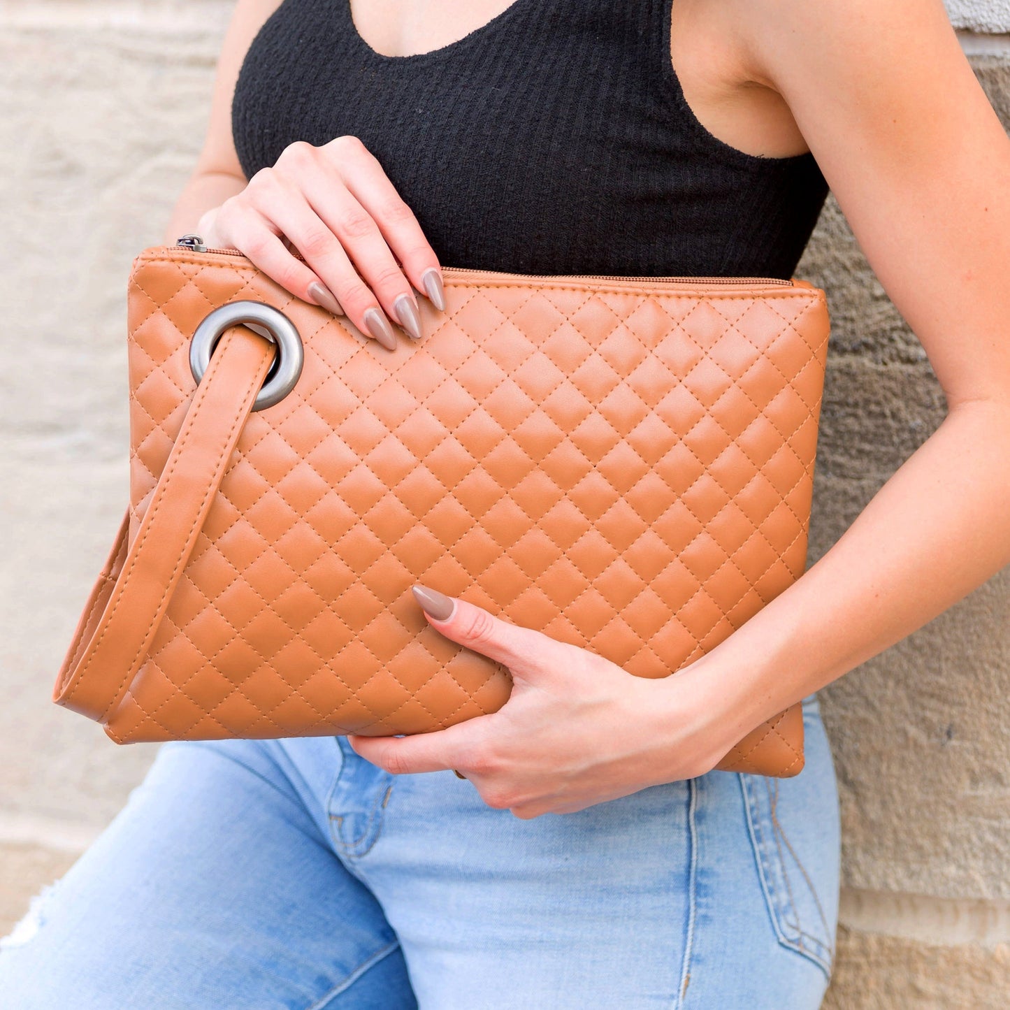Quilted Vegan Leather Herringbone Lined Wristlet Clutch Bag