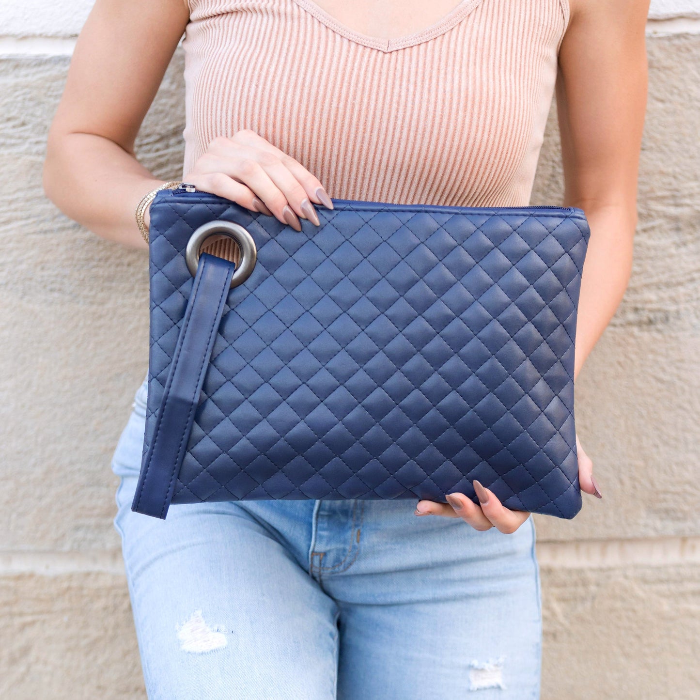 Quilted Vegan Leather Herringbone Lined Wristlet Clutch Bag