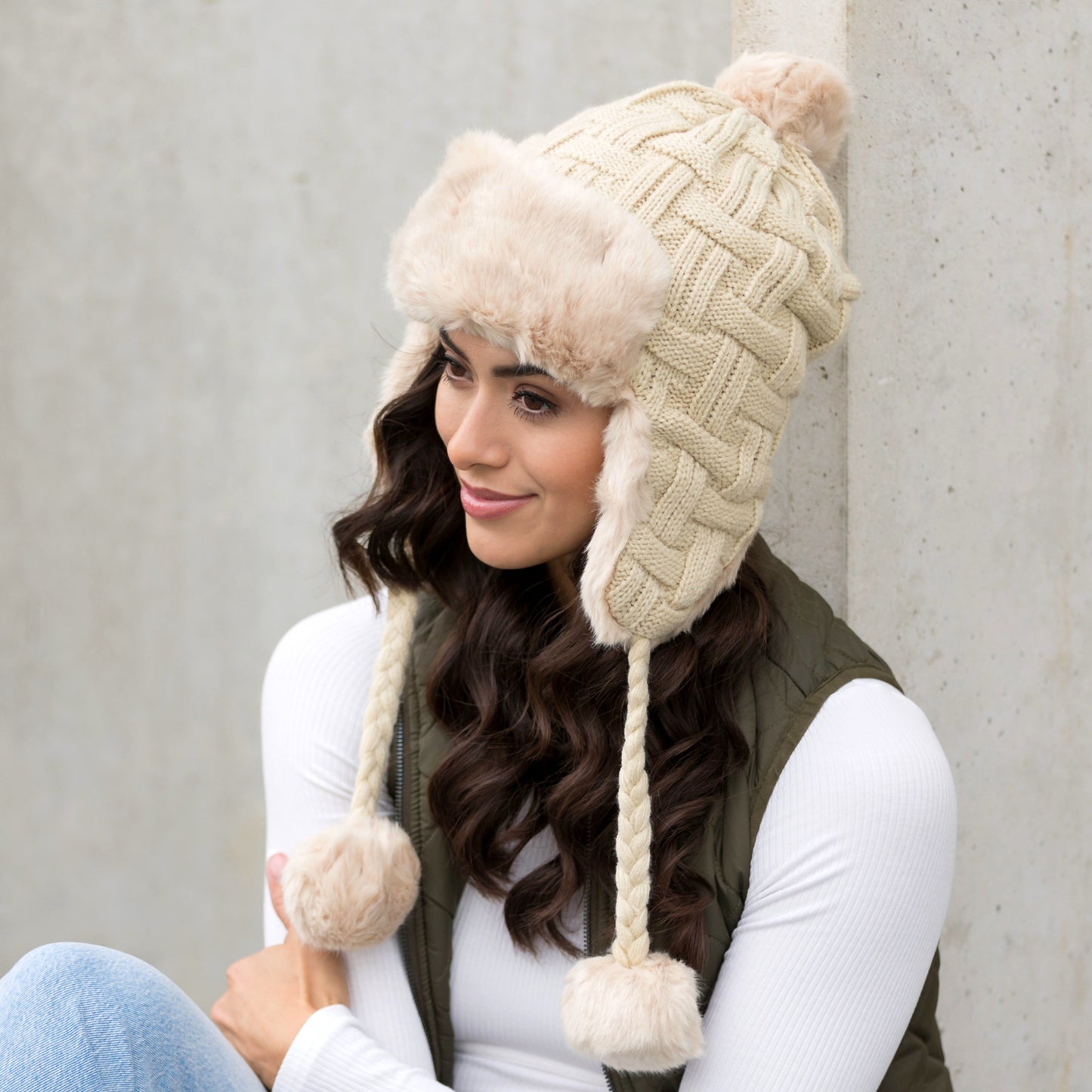 70% Polyester 30% Cotton Cable Weave Faux Fur Pom Braided Accent Trapper Hat | One Size