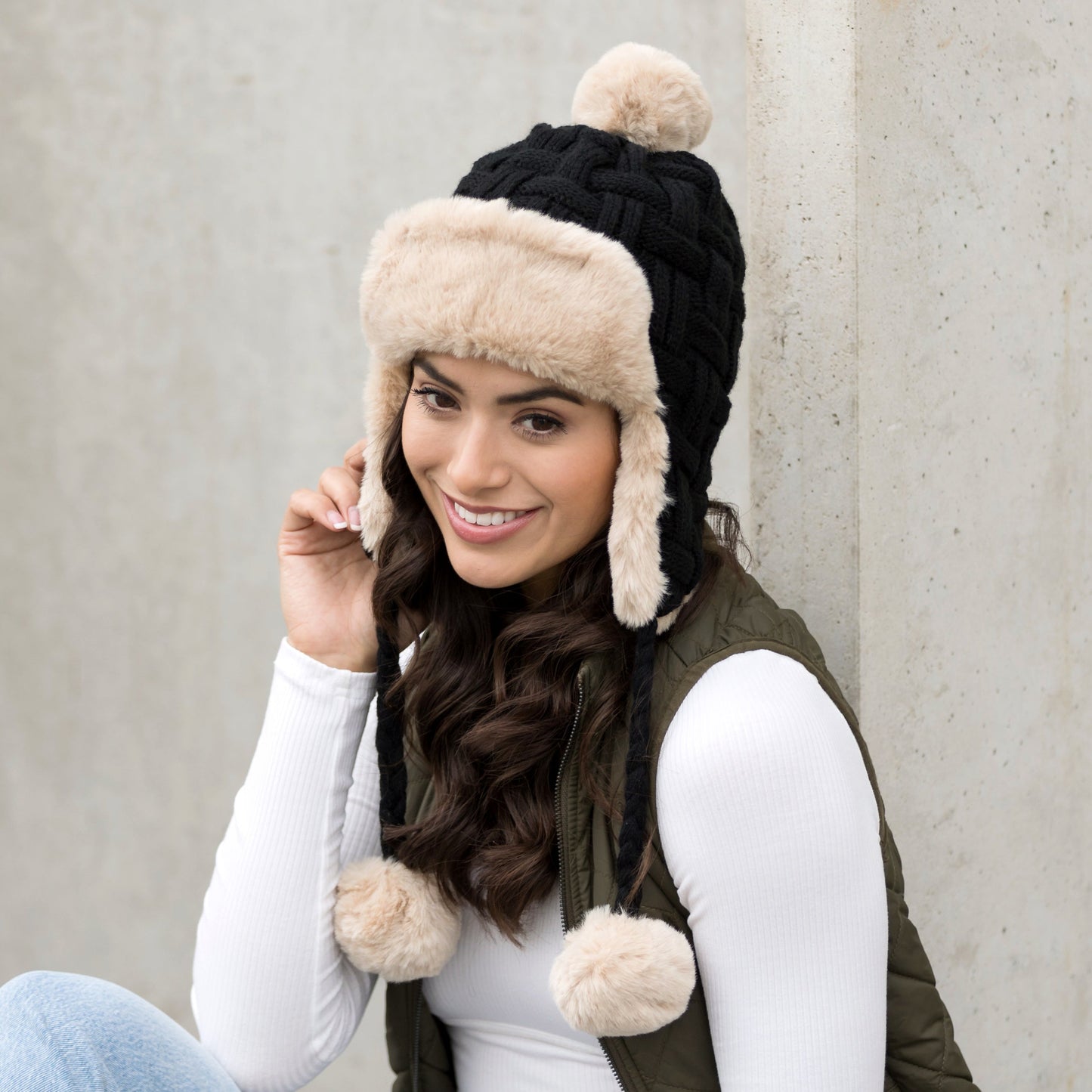 70% Polyester 30% Cotton Cable Weave Faux Fur Pom Braided Accent Trapper Hat | One Size