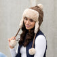 70% Polyester 30% Cotton Cable Weave Faux Fur Pom Braided Accent Trapper Hat | One Size