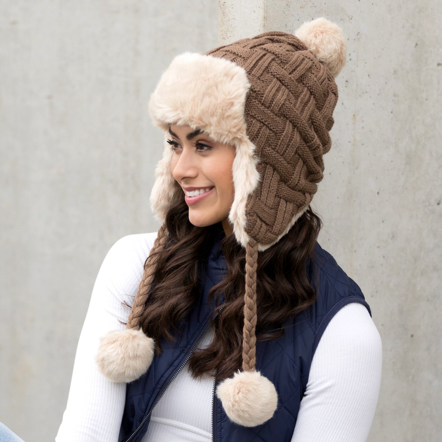 70% Polyester 30% Cotton Cable Weave Faux Fur Pom Braided Accent Trapper Hat | One Size