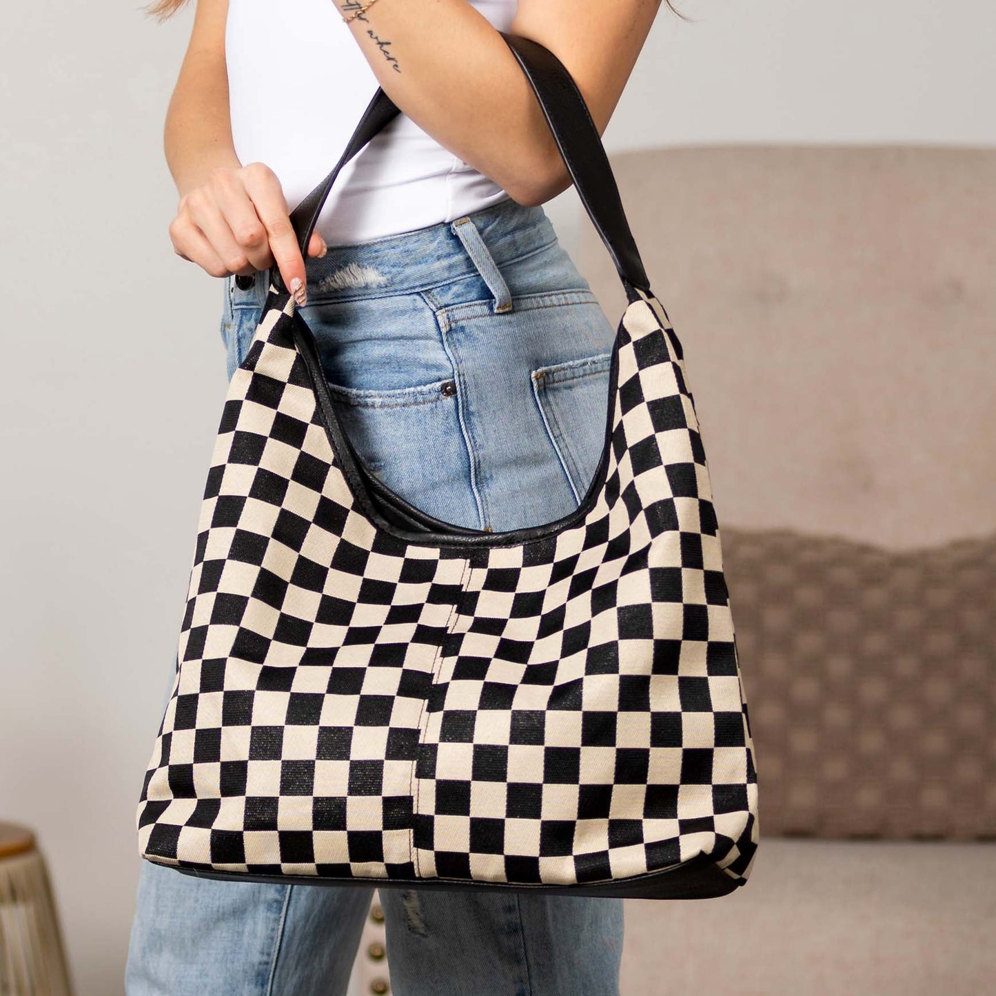 Celine Mixed Media Checkered Canvas & PU Leather Hobo Bag with Structured Bottom | Black Check, Cognac Check