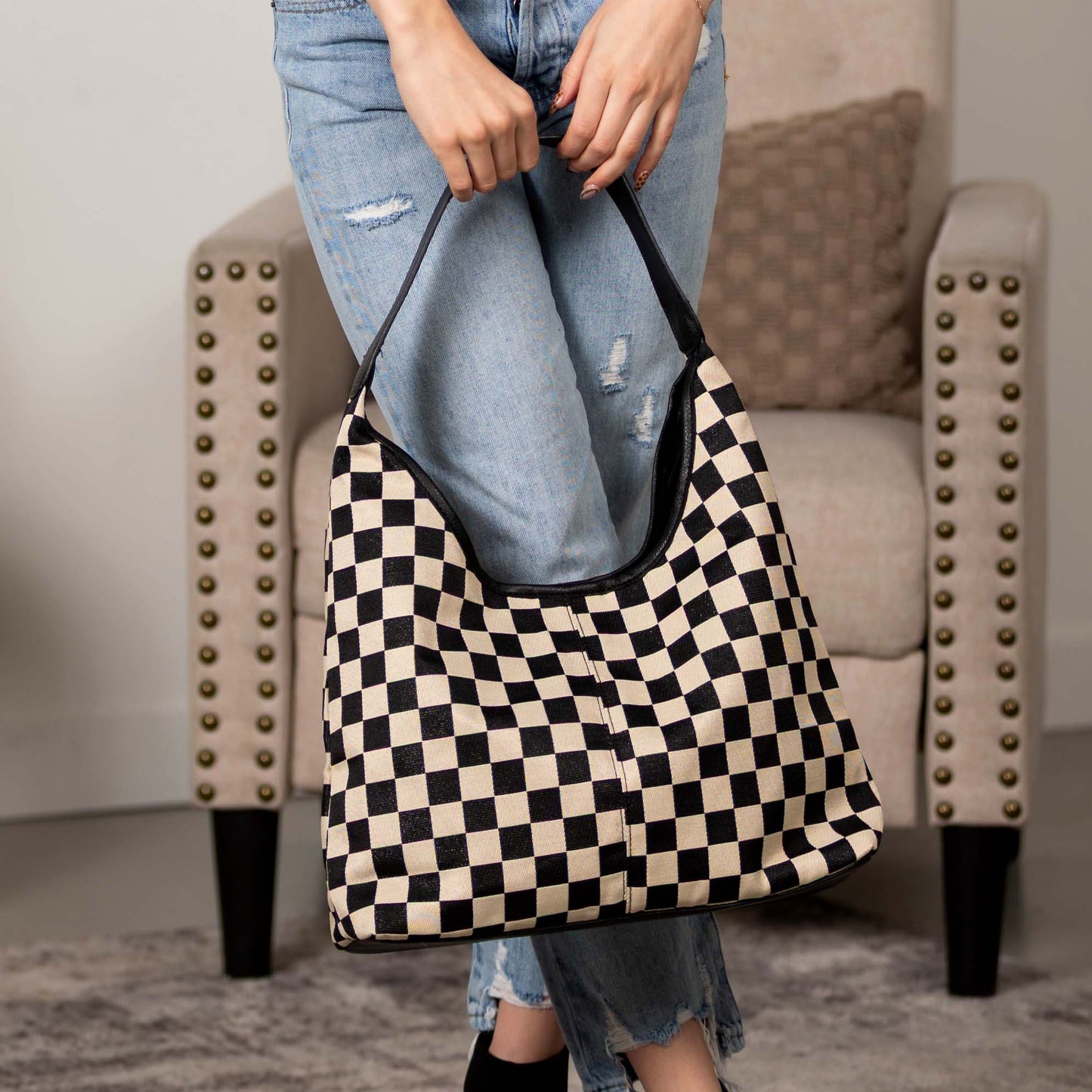 Celine Mixed Media Checkered Canvas & PU Leather Hobo Bag with Structured Bottom | Black Check, Cognac Check