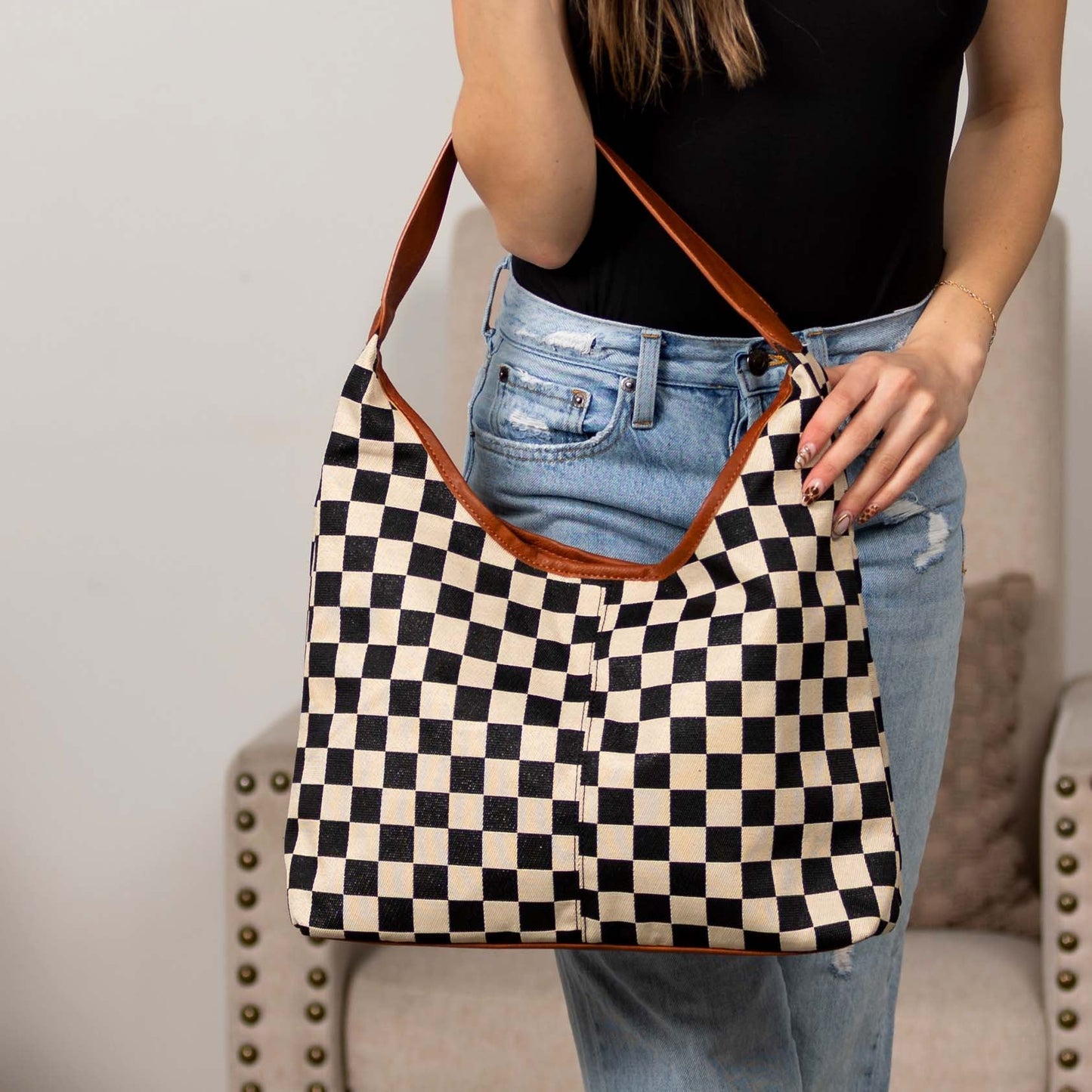 Celine Mixed Media Checkered Canvas & PU Leather Hobo Bag with Structured Bottom | Black Check, Cognac Check