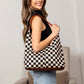 Celine Mixed Media Checkered Canvas & PU Leather Hobo Bag with Structured Bottom | Black Check, Cognac Check