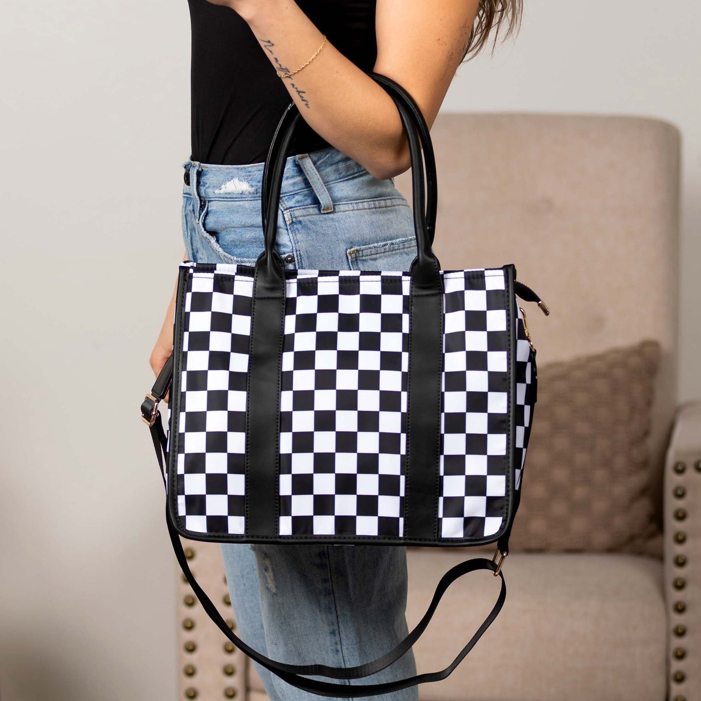 Aili's Corner Dallas Checkered Nylon Tote Bag with PU Leather Handles & Removable Crossbody Strap | Almond Check, Black/White Check