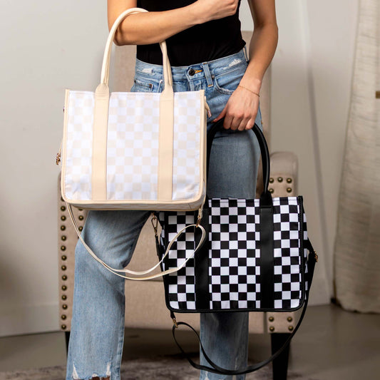 Aili's Corner Dallas Checkered Nylon Tote Bag with PU Leather Handles & Removable Crossbody Strap | Almond Check, Black/White Check
